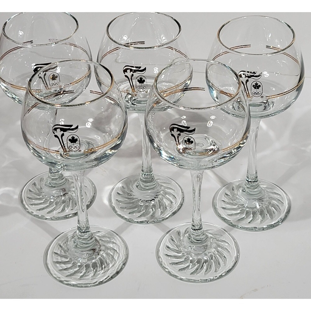 Vintage Olympic 1988 Wine Glasses 22K Gold Lot of 5 Calgary Torch Rings Canada